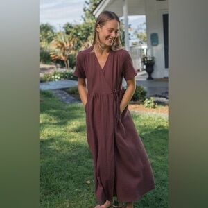 Neuflora Fall River Wrap Midi Dress, Brown, Short Sleeves, 100% Cotton Gauze, S